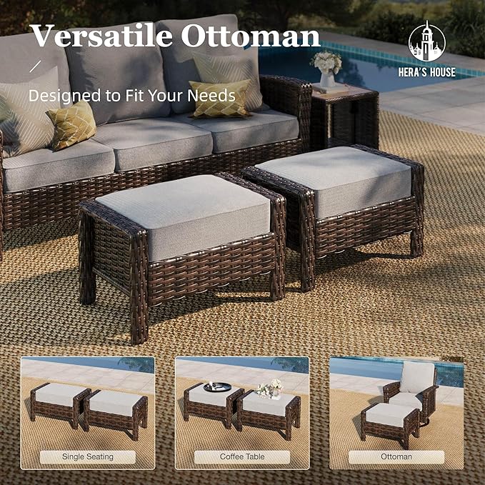 HERA'S HOUSE Patio Furniture Set with High Back Swivel Chair, 6-Piece Outdoor Wicker Sectional Conversation Set with Ottomans, 3-Seat Couch with 5.5" Thick Cushions for Deck Garden Backyard, Gray