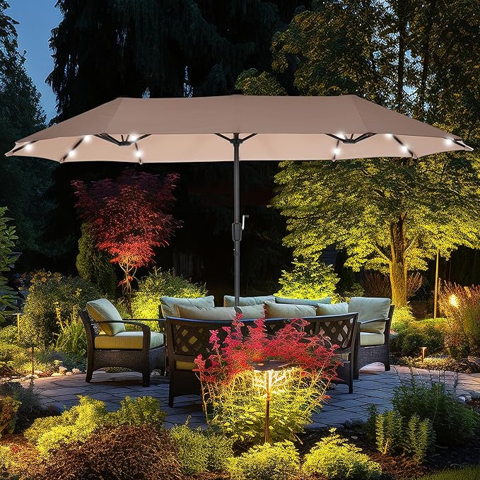 13 ft Patio Umbrella with 36 LED Lights, Large Rectangle Outdoor Solar Umbrella with Strap, Crank, Khaki