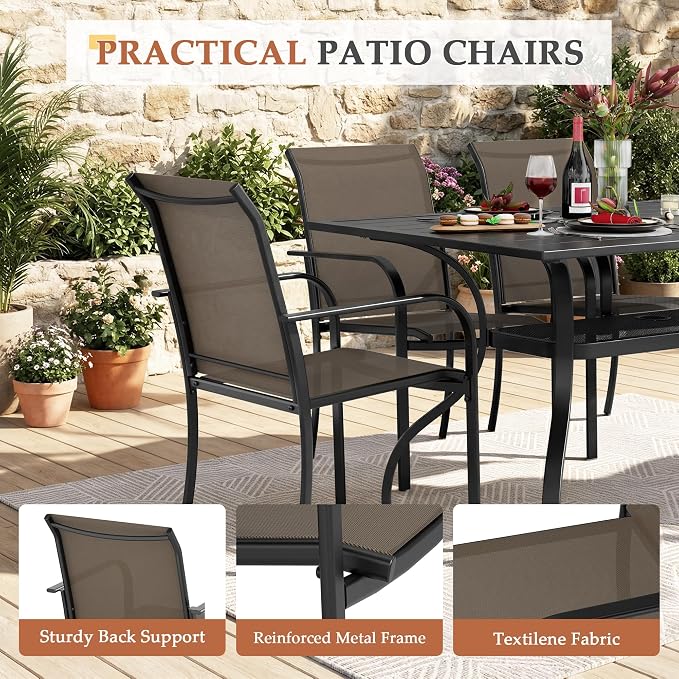 Incbruce 7 Pieces Outdoor Dining Set, Patio Metal Dining Set of 6 Textilene Chairs and Rectangle Table with Umbrella Hole for Lawn, Garden, Porch and Backyard (Brown)
