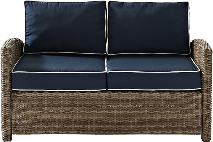 Crosley Furniture Bradenton 5-Piece Outdoor Loveseat Patio Furniture Set, Wicker Conversation Sets for Porch, Brown with Navy Cushions