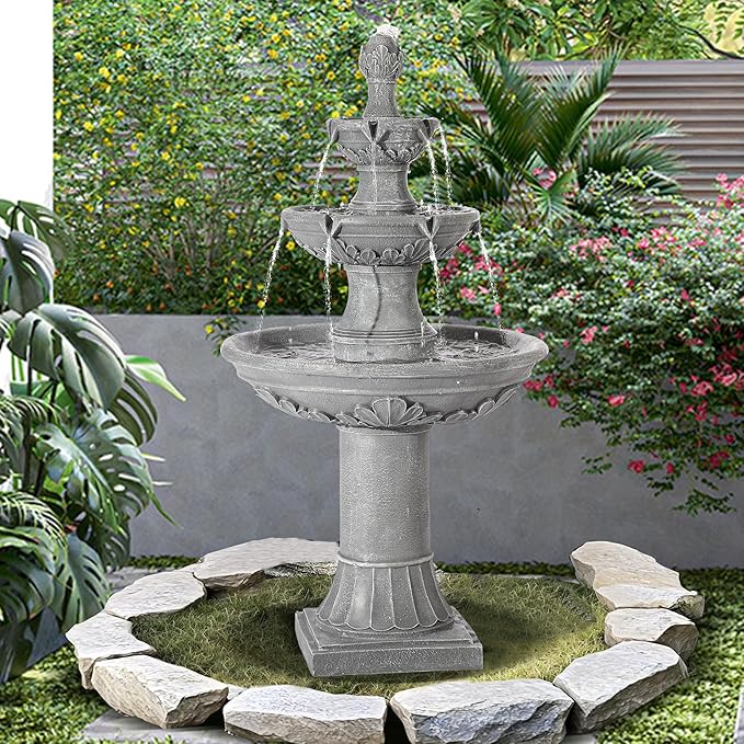 TITIMO 3-Tier Italian Water Fountain Outdoor w/Pump & Pineapple Top, 48.4" H Large Roman Pillar Waterfalls Fountains Indoor, Freestanding Water Feature Fountain for Garden Porch Patio Deck (Grey)
