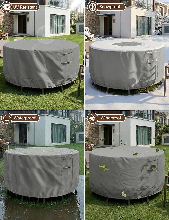 Vailge Round Patio Furniture Covers, 100% Waterproof Outdoor Table Chair Set Covers, Anti-Fading Cover for Outdoor Furniture Set, UV Resistant (Grey, 62"DIAx28"H)