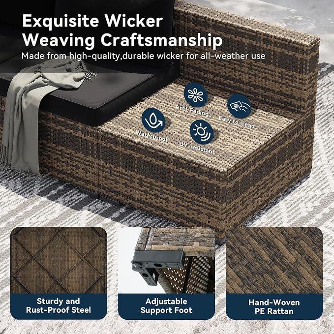 LazySunsets 8 Piece Outdoor Patio Furniture Set with 44'' Fire Pit Table, Outdoor Patio Furniture Set with Thicken Cushion, Wicker Rattan Outdoor Conversation Set for Backyard & Garden, Black