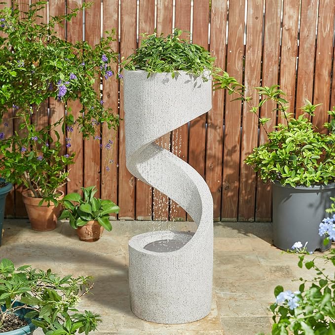 Glitzhome Outdoor Water Fountain, 40.25" H Modern Faux Terrazzo Spiral Shaped Outdoor Fountain with Pump and LED Lights, Polyresin Waterfall Fountain Water Feature for Garden, Patio, Porch Decor