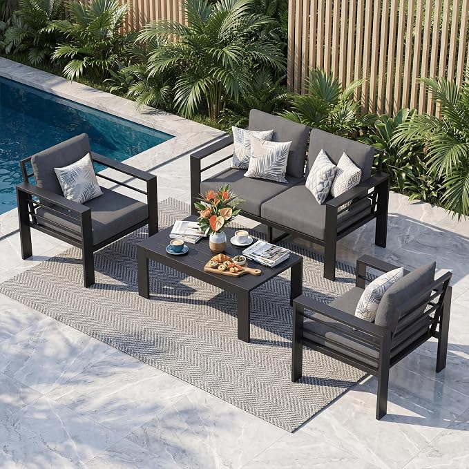 Aluminum Patio Furniture Set, 4 PCS Metal Oversized Outdoor Furniture Set Washable Thick Cushions, 4 Seat Patio Conversation Set with 3.54” Wide armrest and Coffee Table for Patio, Garden