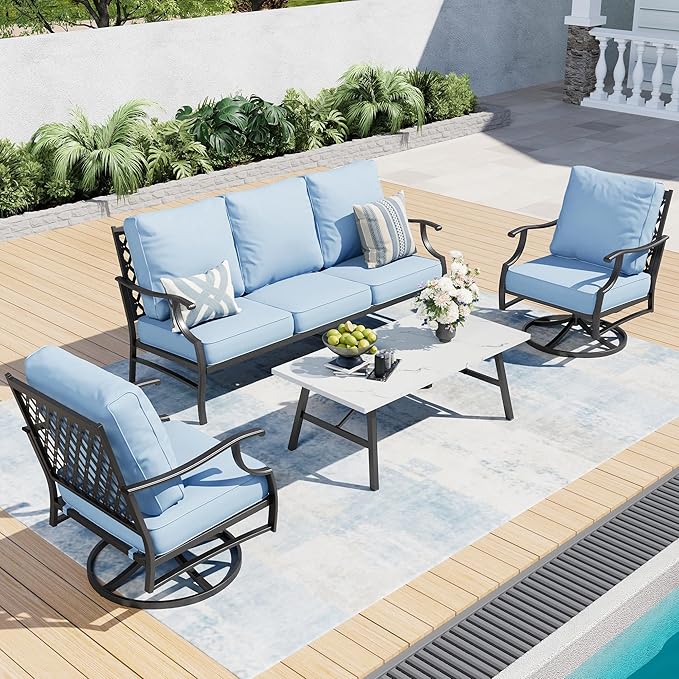 4 Piece Metal Outdoor Patio Furniture Set, Patio Conversation Sets 1 3-seater Sofa, 2 Swivel Chair with 5.75" Extra Thick Cushion and Coffee Table, Black Frame Backyard Furniture, Blue