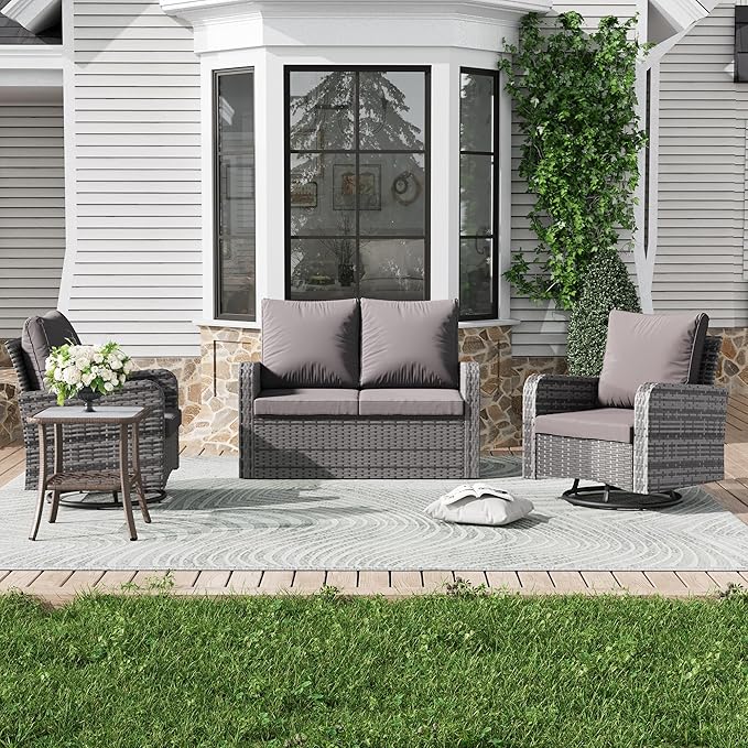HOMREST 4 Piece Wicker Patio Furniture Set, 360 Degree Outdoor Swivel Patio Chairs w/Coffee Table and Loveseat, Small Patio Furniture Set for Garden, Deck and Poolside (Grey)