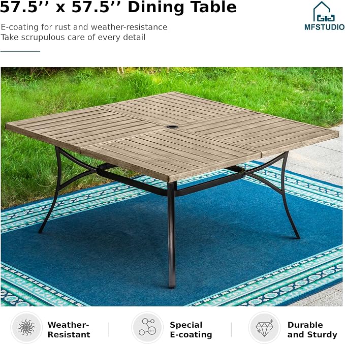 MFSTUDIO Outdoor Dining Set for 8, Patio Table and Chairs, Outdoor 57.5" Square Metal Table with Chairs, 9 Pieces Patio Furniture Dining Set