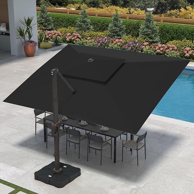 9 X 12 FT Cantilever Patio Umbrella with Led Lights and Base Included Outdoor Heavy Duty Double Top Rectangle Offset Umbrellas with 360-degree Rotation for Pool Deck Backyard, Black