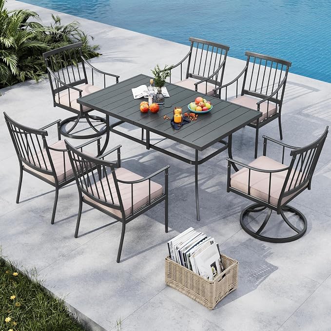 MFSTUDIO 7-Piece Patio Dining Set, Swivel Metal Chairs, Umbrella Hole | 59" Rectangular Metal Table, Beige, Removable Cushions