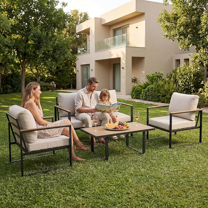 Litake 4 Piece Patio Furniture Sets, PE Rope Wicker Sofa with Metal Frame, Waterproof & UV-Resistant Couch with Table, All Weather Furniture for Garden, Balcony & Backyard