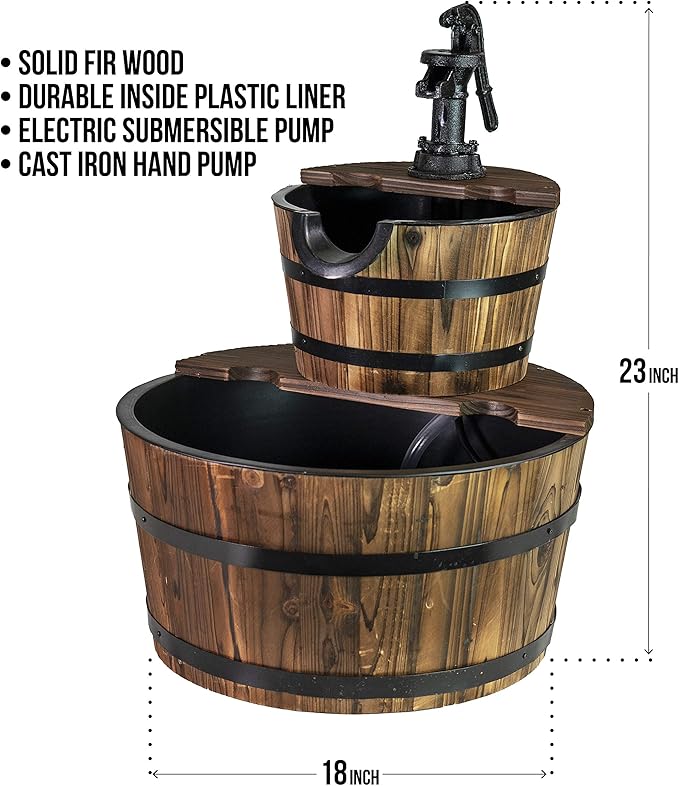Sun-Ray 2-Tier Rustic Outdoor Fountain 18" W, Garden Decor Water Fountain with Submersible Electric Pump and Cast Iron Hand Pump Accessory for Patio, Garden, Yard