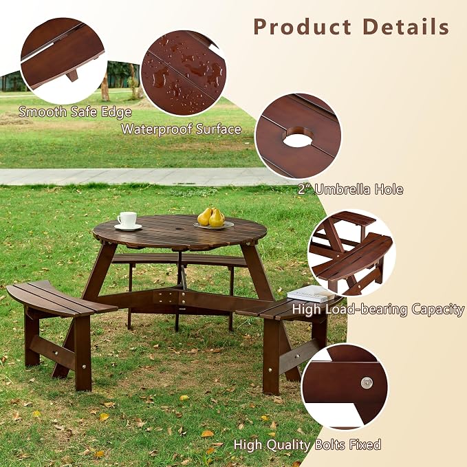 6 Person Wood Picnic Table, Outdoor Round Dining Table with 3 Built-in Benches, Umbrella Hole, Outside Patio Backyard Table and Bench Set, 500lbs Capacity Per Bench(Brown)