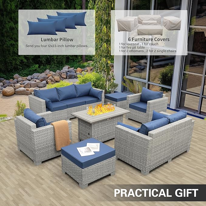 WAROOM Patio Furniture Set 7 Piece Grey Wicker Outdoor Conversation Sets PE Rattan Sectional Sofa with Propane Fire Pit Table and Anti-Slip Navy Blue Cushion