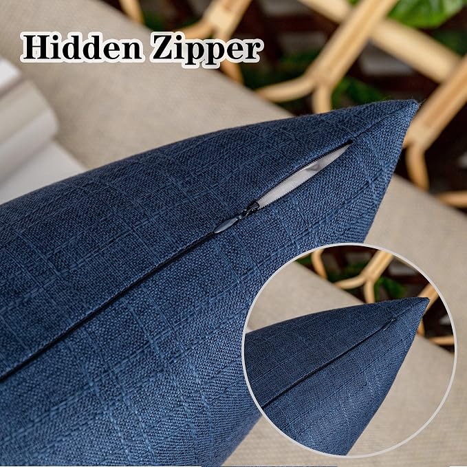 Kevin Textile Outdoor Waterproof 24”x24” Pillow Covers 2 Pack, Blue | Water Resistant, Soft Faux Linen-cotton Yarn-dyed Woven Texture Throw Pillow Covers for Tent Patio Garden Couch Sofa