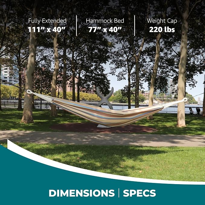 Bliss Hammocks 40" W Single Outdoor Hammock with Universal Multi-Loop Suspension with "S" Hooks, Durable, Cotton/Polyester, 220 Lbs Capacity, Hampton Stripe