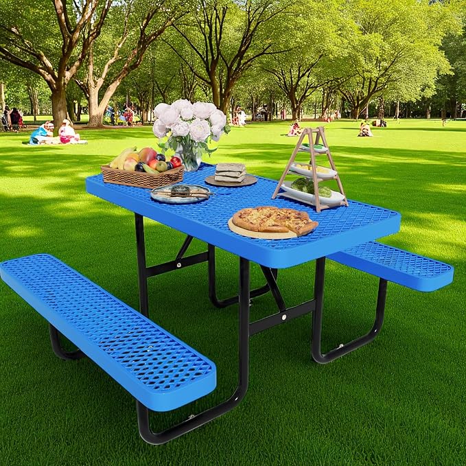 4FT Picnic Tables for Outdoors, Rectangular Commercial Metal Picnic Table Bench Set with Umbrella Hole,Heavy Duty Steel Weather-Resistant Dining Table for Patio Dining Garden Backyard BBQ School