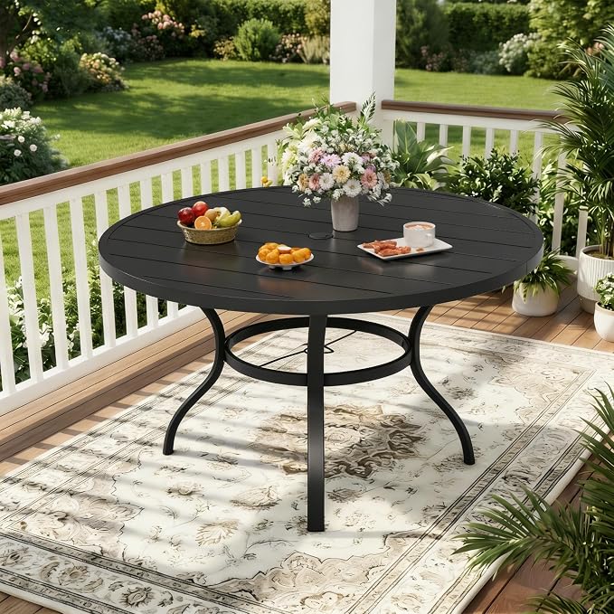 Oakcloud 53" Round Patio Dining Table, Outdoor Metal Round Table Patio Furniture Classic Black Table with 1.57" Umbrella Hole, for Garden Backyard Poolside Deck