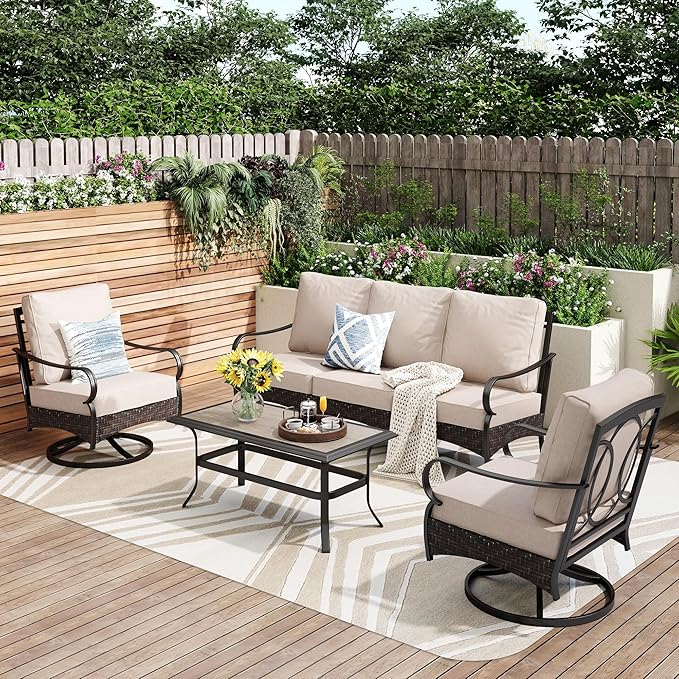 PHI VILLA Outdoor Modern Patio Furniture Set, Upgraded Wicker & Metal Patio Furniture Conversation Set with Waterproof Thick Cushions for Porch, Poolside, Yard (4 Pieces,Beige)