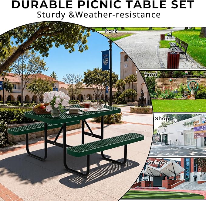 4FT Rectangular Steel Outdoor Picnic Table, Commercial Picnic Table Bench Set with Umbrella Hole, Weather-Resistant Heavy Duty School Dining Table for Stores, Park, Patio, Garden, Backyard, Green