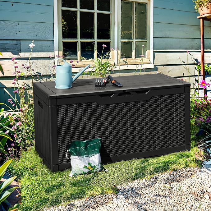 Homall 100 Gallon Deck Box Large Resin Waterproof Outdoor Storage Box with Padlock and Built-in Handles Storage Container for Cushions, Toys and Garden Tools (Black)