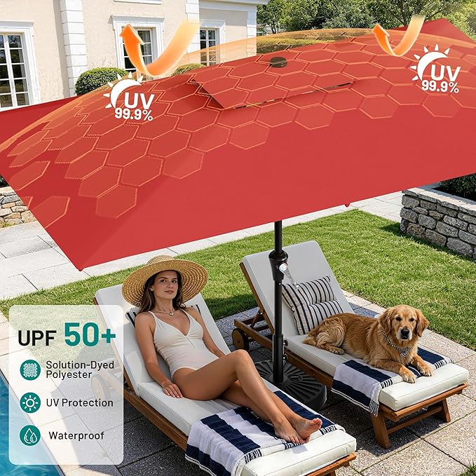 AreShark 6.5'x10' 2 Tiers Rectangular Patio Umbrella - Outdoor Umbrella Waterproof UV Protection, Market Table Umbrella w/Push Button Tilt for Pool, Lawn, Balcony(Red)