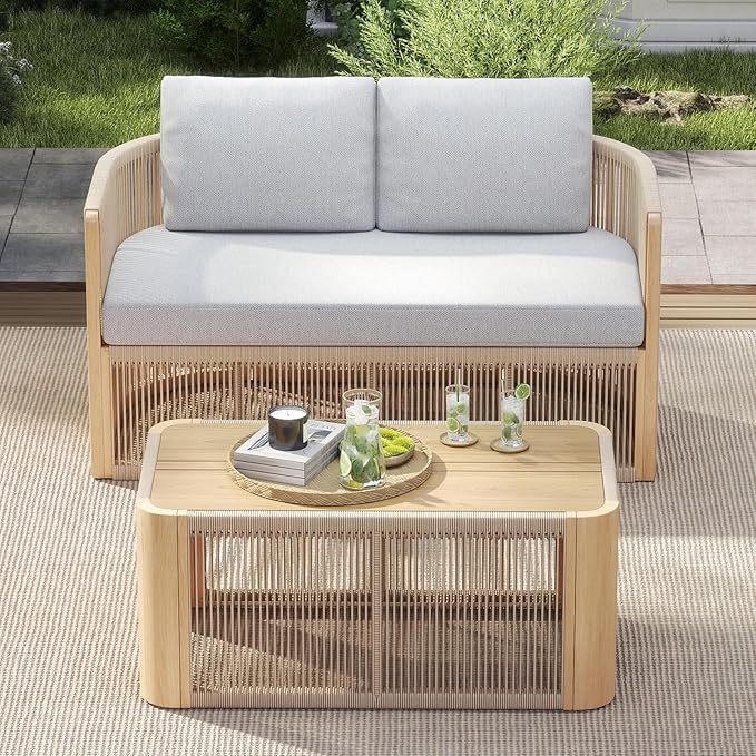 2-Seater Rope Sofa Set with Table, Patio Rope Chairs Set of 2, Rope Patio Furniture Set, Outdoor Deck Chair with Cushions, Aluminum Outdoor Loveseat in All Weather, Beige