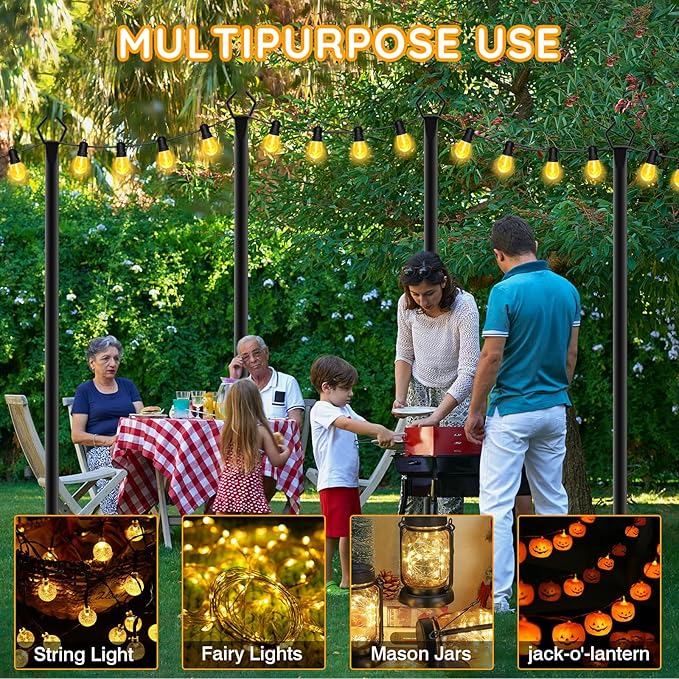 AHRLHR 2 Pack String Light Poles, Outdoor String Light Pole 10ft Forked Metal Light Pole with Adjustable Outdoor Light Stand, Deck, Backyard, Garden, Wedding, Rustproof and Sturdy with Hooks