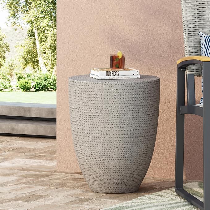 Outdoor Side Table Concrete End Table Faux Stone Small Coffee Tables Patio Garden Stool Plant Stand for Porch, Backyard Silver-Barrel