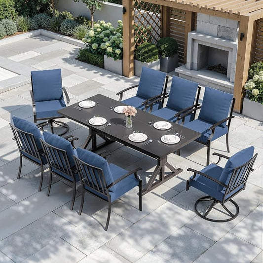 ALAULM 9-Piece Patio Dining Set,Outdoor Metal Dining Set with 2 Swivel Chairs & Rectangle Table with 1.5 Umbrella Hole, Patio Dining Table and Chairs for Backyard,Navy