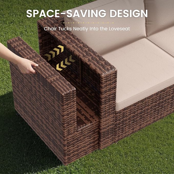 Amopatio Patio Furniture Set, Space-Saving Nestable All-Weather Wicker Outdoor Conversation Set with Glass Coffee Table, Cushions & Ottomans for Deck Backyard Porch Lawn Khaki