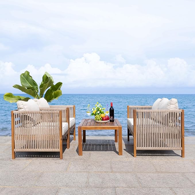 SAFAVIEH Outdoor Collection Roya Natural/Taupe Solid Wood 4-Piece Conversation Set