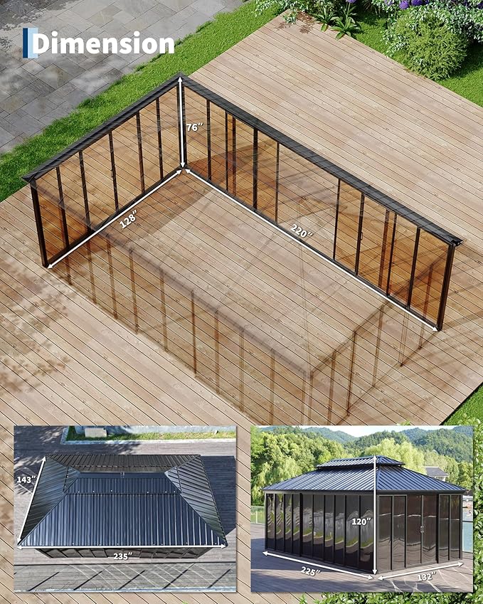 12x20 ft Hardtop Gazebo Sunroom, All-Season Outdoor Room with Aluminum Frame, Enclosed Patio Solarium with Polycarbonate Sliding Doors & Double Roof for Backyard, Deck, and Hot Tub Enclosure