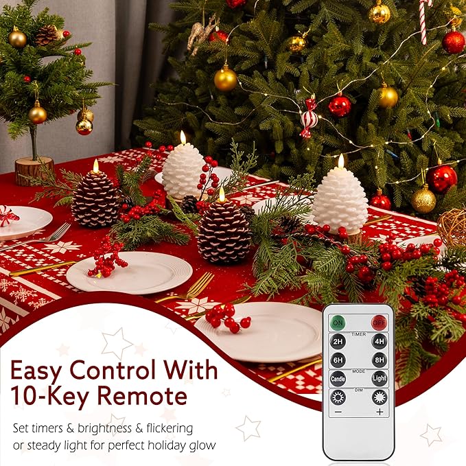 Christmas Flameless Pinecone Candles with Remote, Real Wax Battery Operated Pine Cone Candles, 2 Pack Flickering Led Candle Christmas Decorations for Winter Home Holiday Xmas Gift, White