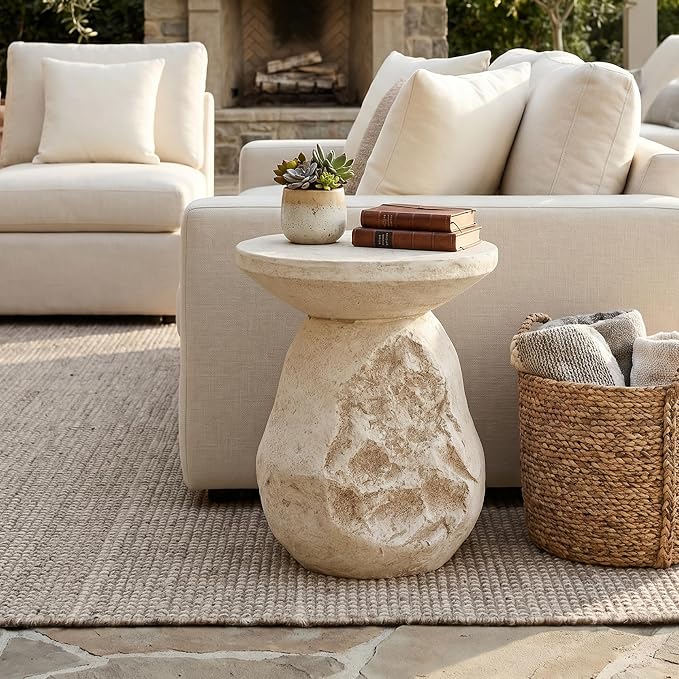 LUMISOL Clare Outdoor Paitio MGO Side Table, Sculptural Organic Pear-Shaped End Table with Natural Beige Tone Finish
