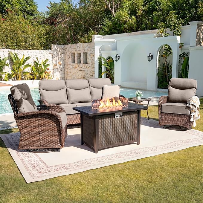 Belord Upgraded 6“ Cushion Luxury 5 Piece Patio Furniture Set with Fire Pit Table - Outdoor Furniture Set with High Back Swivel Rocker Patio Chairs, Conversation Set for Deck Porch Yard - Brown/Beige