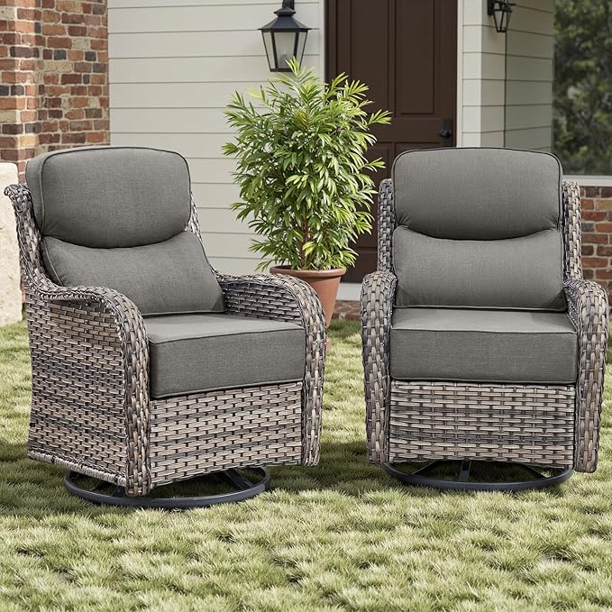 Rilyson Outdoor Swivel Rocker Chairs - All Weather Resistant Wicker Patio Furniture Set of 2 with High Back and 6 inch Thick Cushions for Deck Porch Yard and Poolside, Mixed Grey/Grey