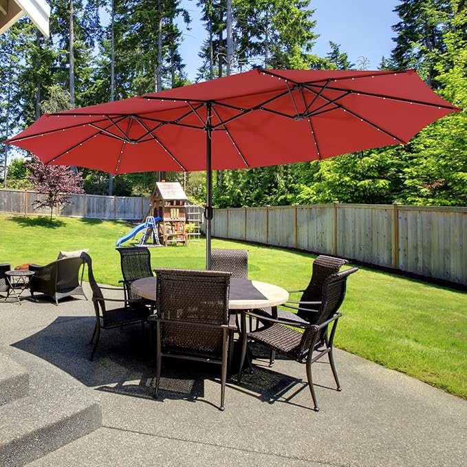 Giantex Large Outdoor Umbrella Double-Sided, 48 Solar Lights, Auto-Charging Solar Panel, Extra Large Patio Umbrella with Base and Crank, Outdoor Market Umbrellas for Poolside Garden