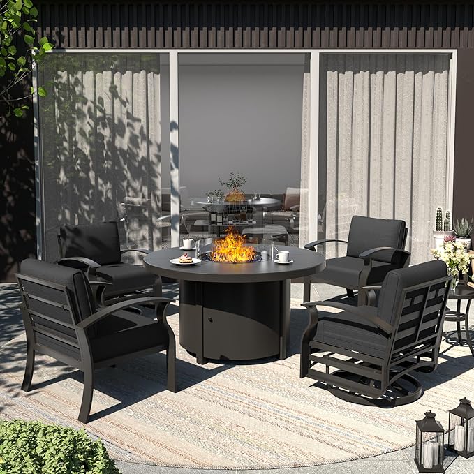 ALAULM Aluminum Patio Furniture Set with 40,000 BTU Round Propane Fire Pit Table 4-seat Metal Outdoor Furniture w/Swivel & Rocking Conversation Set for Patio, Lawn, Poolside（Black