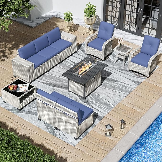 10-Piece Outdoor Patio Furniture Set, Modular Sectional Sofa Set with Swivel Rocker Chairs & Fire Pit, Wicker Outdoor Couch Conversation Sets w/Coffee Table and Cushions, Blue