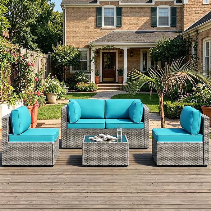 MOCHITO 5 Pcs Outdoor Patio Furniture Sets Grey Rattan Turk Blue Cushions | All-Weather Sectional Sofa, with Glass Table, PE Rattan Wicker Patio Furniture , Washable Cushions, for Balcony Porch Garden
