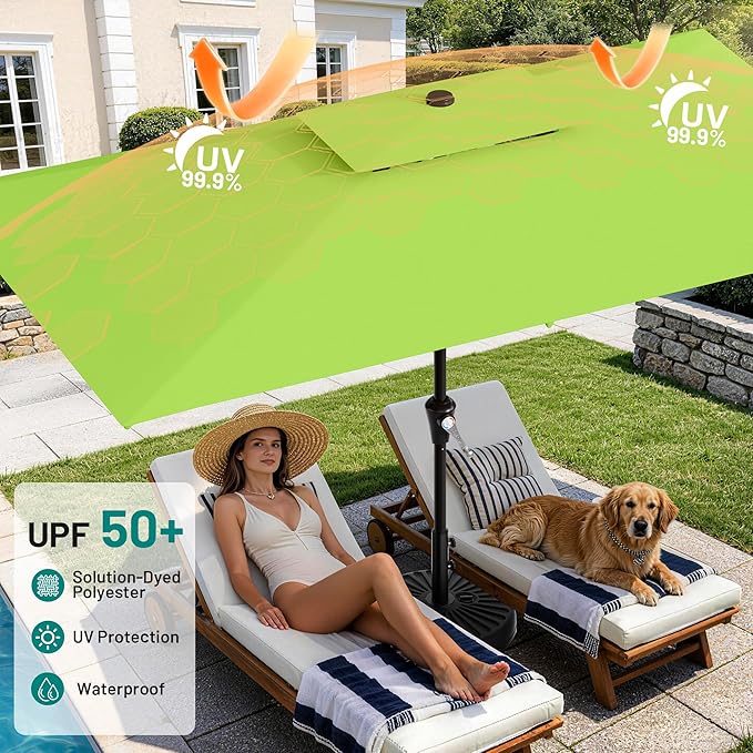 AreShark 6.5'x10' 2 Tiers Rectangular Patio Umbrella - Outdoor Umbrella Waterproof UV Protection, Market Table Umbrella w/Push Button Tilt for Pool, Lawn, Balcony(Apple Green)