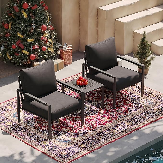 Sundale Outdoor 3 Pieces Patio Set Outdoor Metal Furniture Sets with 2 Armchairs and Side Table, Outdoor Single Sofa Set for Garden, Backyard, Porch, or Balcony, All-Weather Metal Chairs with Cushions