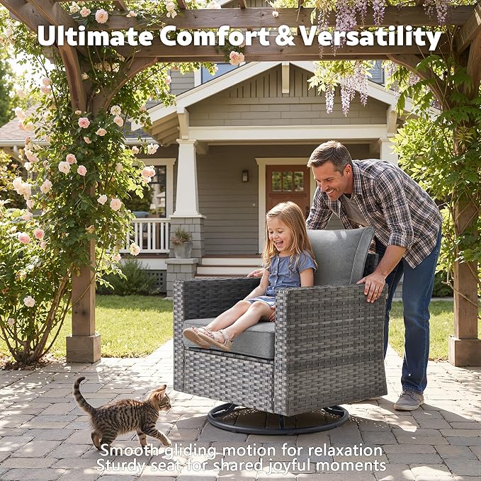 CAODOC 7-Piece Outdoor Wicker Patio Set with 7 Seats, Including 53" Fire Pit - Swivel Rocker Chairs and Conversation Set for Backyard or Lawn, Gray Rattan with Waterproof Dark Gray Cushions