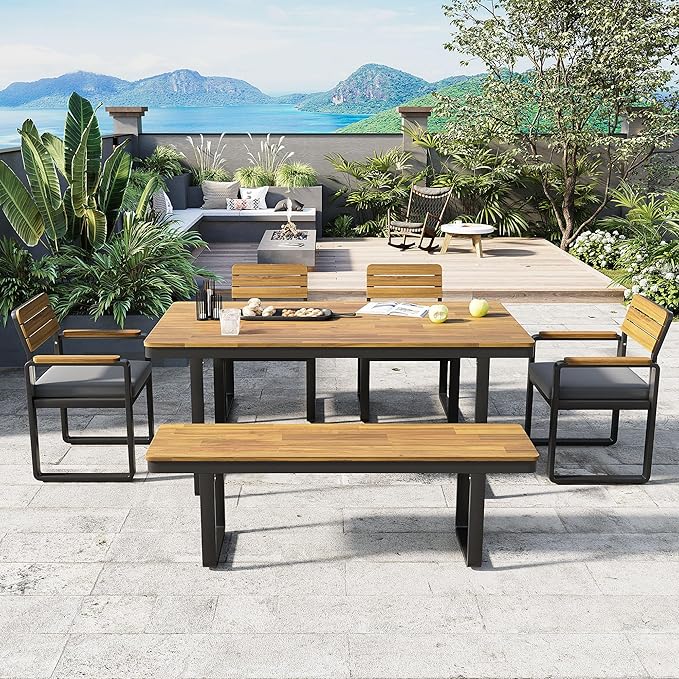 RUNNA Outdoor Dining Set, Acacia Wood,1 Table with 4 Chairs & 1 Bench for 6-7 Person,Comfortable Cushions on Chairs,Adjustable Feet, for Patio, Garden,Backyard Dining (Gray#55)