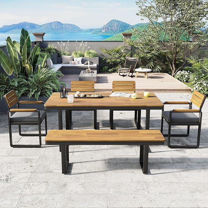 RUNNA Elegant 6-Piece Outdoor Patio Dining Table Set with Cushioned Chairs, Bench and Adjustable Feet for Family Gatherings and Garden, Backyard Dining (Gray-M/S)