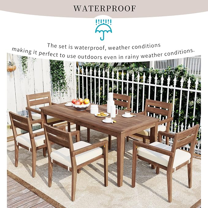 RUNNA 7-Piece Outdoor Patio Dining Set,Acacia Wood Outdoor Dining Table and Chairs Set with Armrest Chairs with Cushions for Patio, Balcony Or Backyard (Burly Wood/Acacia Wood)