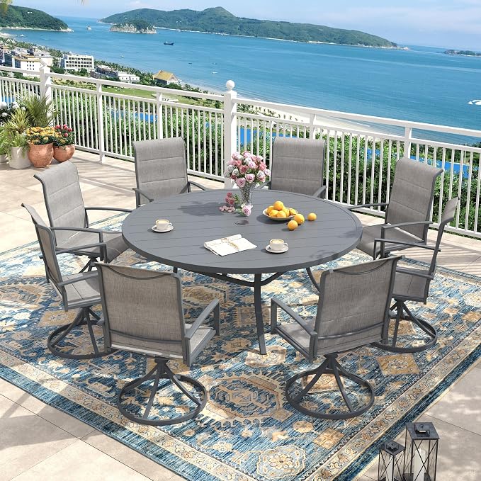 Outdoor Dining Set for 8, 60" Outdoor Dining Table with Umbrella Hole and Padded Textilene Patio Swivel Chairs, 9 Pieces Patio Table and Chairs Set for Garden Backyard, Grey and Dark Grey