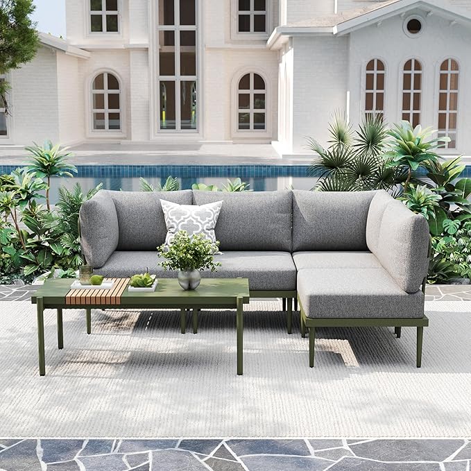 Metal Patio Furniture Set, 5 Pieces Outdoor Sectional Couch with Coffee Table & Washable Thick Cushion, Modular Outdoor Corner Sofa Sets for Balcony, Patio & Courtyard (Gray/Green)