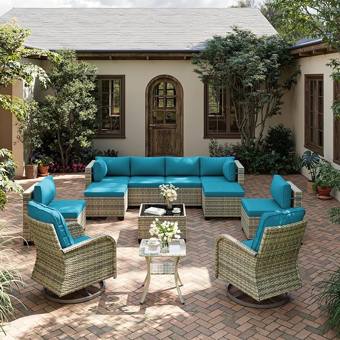 12-Piece Patio Furniture Set, Outdoor Patio Furniture with Swivel Chairs Set, Ottomans, Modular Patio Sofa, Dual-Strand Wicker Rattan, Rust-Resistant Frame, Lake Blue